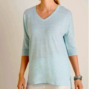 New Chico’s Blue White Stripe Dolman Sleeve Linen Top size large